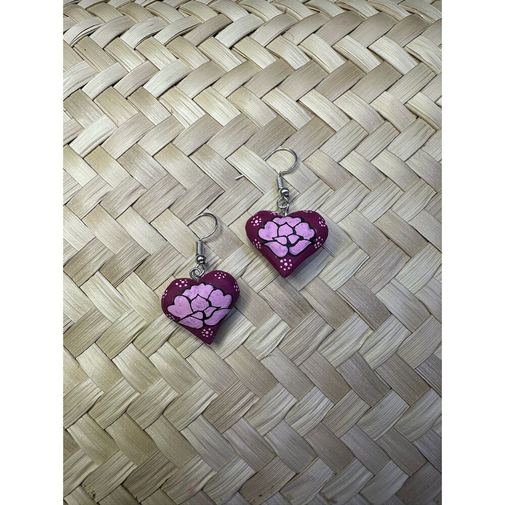 Plum Wood Heart Earrings Hand Painted Mexican Folk Art Oaxaca Floral Dangle Boho